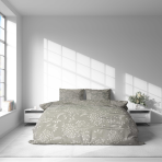 Voodipesu komplekt "Grandiflora". Voodipesu komplektid 140x200, 140x200 cm, 200x200 cm, 200x220 cm. Disaini täiendab harmooniliselt paigutatud valged taimemotiivid, kus põimuvad oksakesed ja lehekesed.