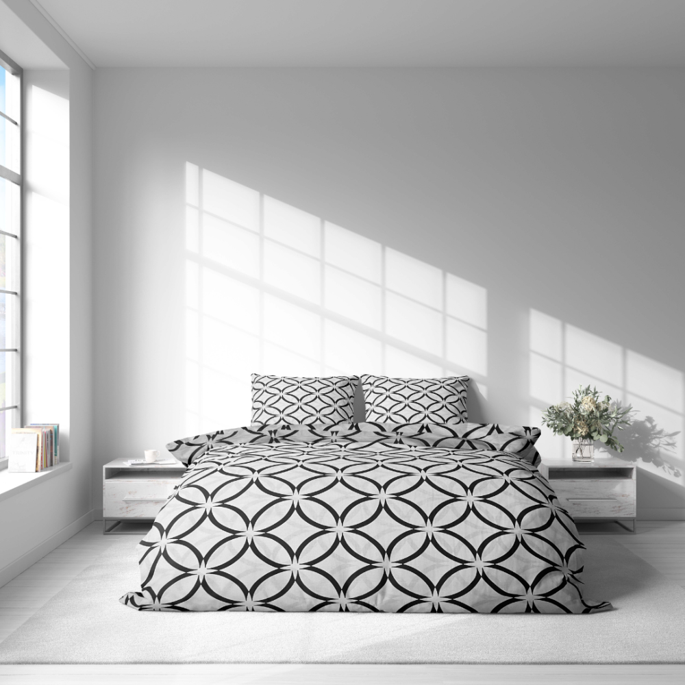 Voodipesu komplekt "Grey Retro Rings". Voodipesu komplektid 200x220, 140x200 cm, 160x200 cm, 200x200 cm, 200x220 cm. Minimalistlikus stiilis voodipesu mustade ringide ornamendiga heledal taustal