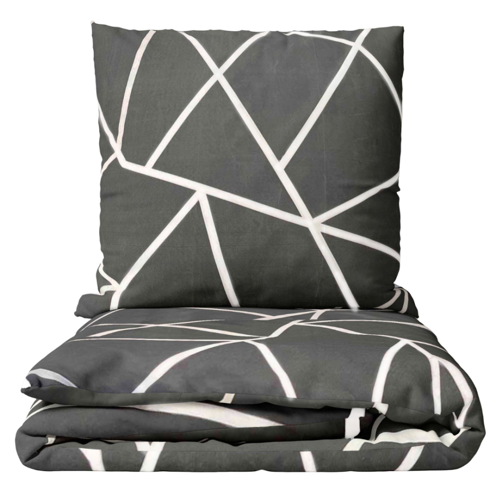 Voodipesu komplekt "Infiniel". Voodipesu komplektid 140x200, 140x200 cm, 160x200 cm, 200x200 cm, 200x220 cm, 220x240 cm. Tumehall voodipesu komplekt, mille valged jooned ristuvad erinevates suundades, luues moodsa ja rafineeritud välimuse.