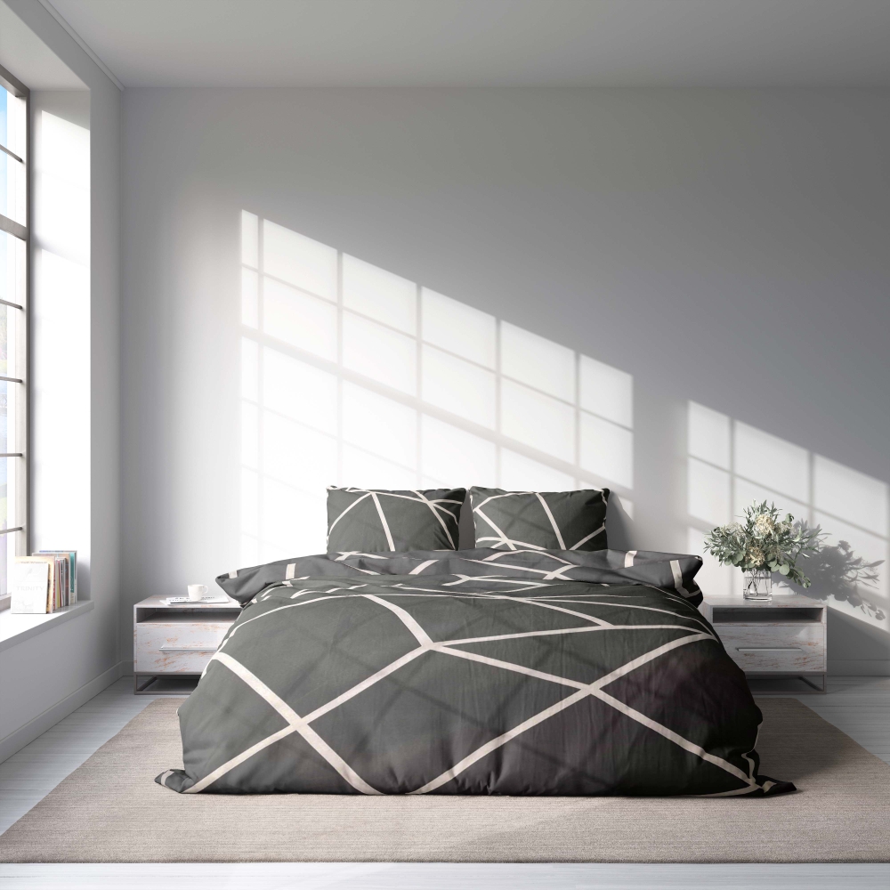 Voodipesu komplekt "Infiniel". Voodipesu komplektid 140x200, 140x200 cm, 160x200 cm, 200x200 cm, 200x220 cm, 220x240 cm. Lähivaade tumehallist voodipesust, millel on ristuvad valged jooned, mis näitavad dünaamilist ja kunstilist mustrit.