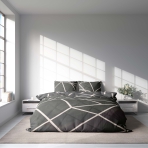 Voodipesu komplekt "Infiniel". Voodipesu komplektid 140x200, 140x200 cm, 160x200 cm, 200x200 cm, 200x220 cm, 220x240 cm. Lähivaade tumehallist voodipesust, millel on ristuvad valged jooned, mis näitavad dünaamilist ja kunstilist mustrit.