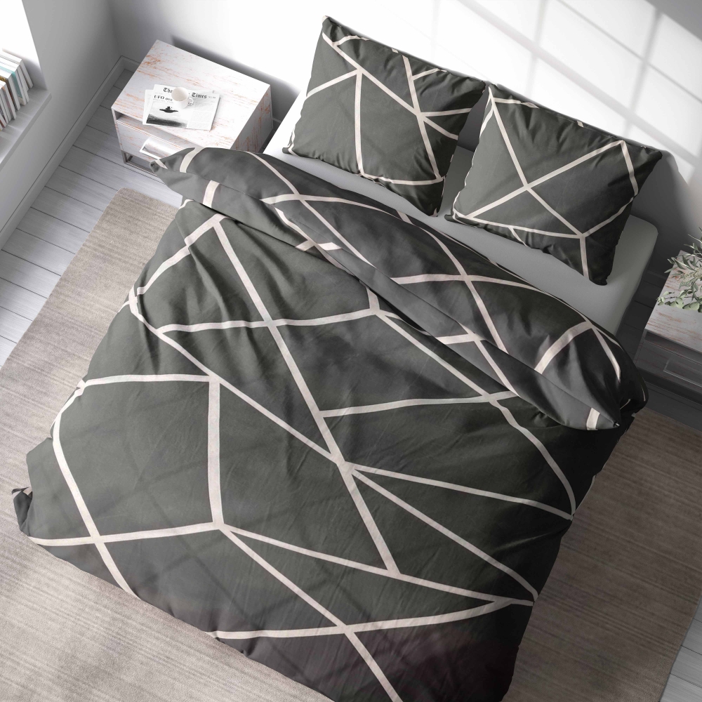 Voodipesu komplekt "Infiniel". Voodipesu komplektid 140x200, 140x200 cm, 160x200 cm, 200x200 cm, 200x220 cm, 220x240 cm. Minimalistlik magamistuba tumehalli voodipesu komplektiga, mis toob esile karged valged jooned, mis on kaunilt kontrastis rikkaliku halli taustaga.