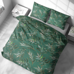 Voodipesu komplekt "Jade Leaves". Puuvillane voodipesu, 140x200 cm, 200x200 cm, 200x220 cm, 220x240 cm. Erinevate lehekontuuride ja siluettide kujutis kuldsete ja vase triipudega tumerohelisel taustal.