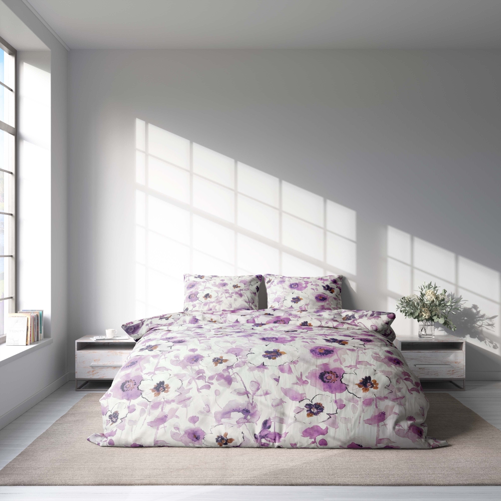 Voodipesu komplekt "Jasmine". Voodipesu komplektid 140x200, 140x200 cm, 200x200 cm, 200x220 cm, 220x240 cm. Elegantne voodipesu, mida kaunistavad lillad ja valged jasmiinililled.