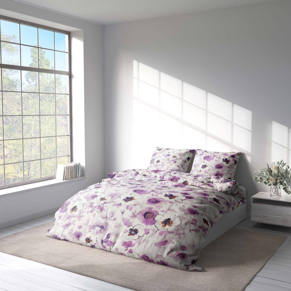 Voodipesu komplekt "Jasmine". Voodipesu komplektid 140x200, 140x200 cm, 200x200 cm, 200x220 cm, 220x240 cm. Valge voodipesu komplekt, mis on kaunistatud õrnade lilla ja valgete jasmiinilillede õitega.