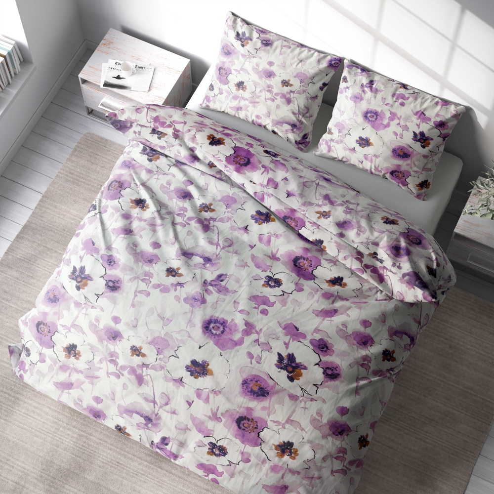 Voodipesu komplekt "Jasmine". Voodipesu komplektid 140x200, 140x200 cm, 200x200 cm, 200x220 cm, 220x240 cm. Rahulik voodipesu lillade ja valgete jasmiinililledega valgelisel taustal.
