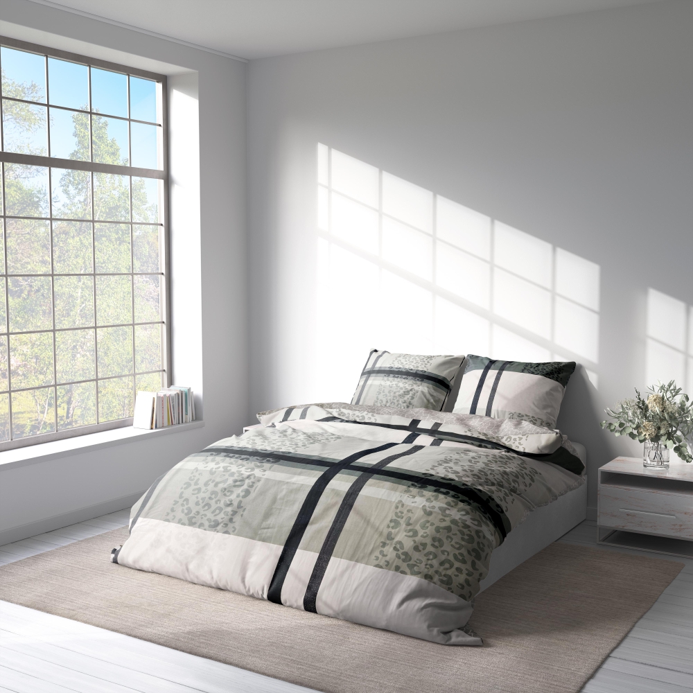 Voodipesu komplekt "Lane Luxe". Voodipesu komplektid 140x200, 140x200 cm. Šikk voodipesu ansambel ristuvate ruudustikuga ja silmatorkava leopardimustriga aktsendiga