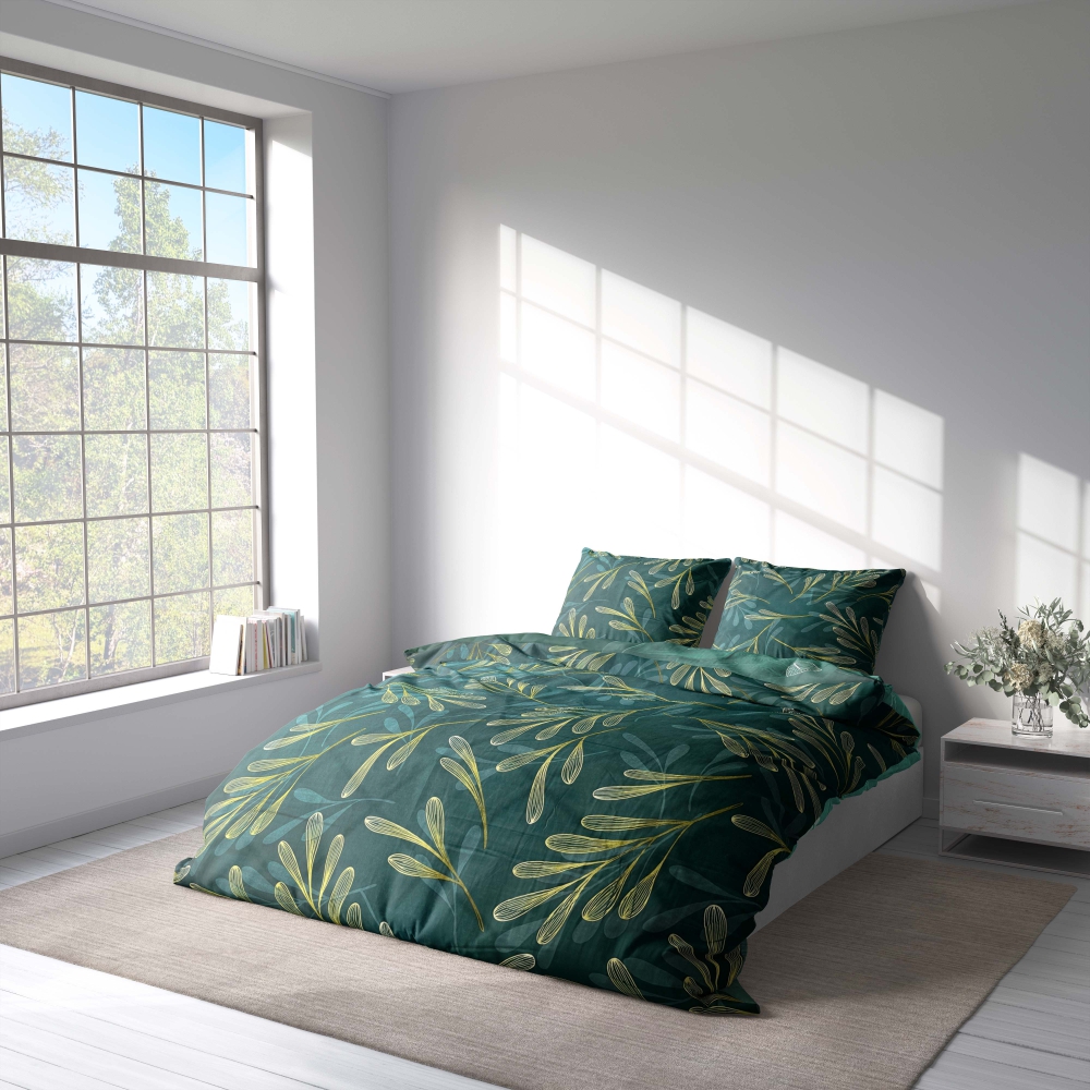 Voodipesu komplekt "Laurel". Voodipesu komplektid 140x200, 140x200 cm, 200x200 cm, 200x220 cm. Muutke oma magamistuba selle tumerohelise voodipesu komplektiga, mida kaunistavad õrnad lehemustrid.