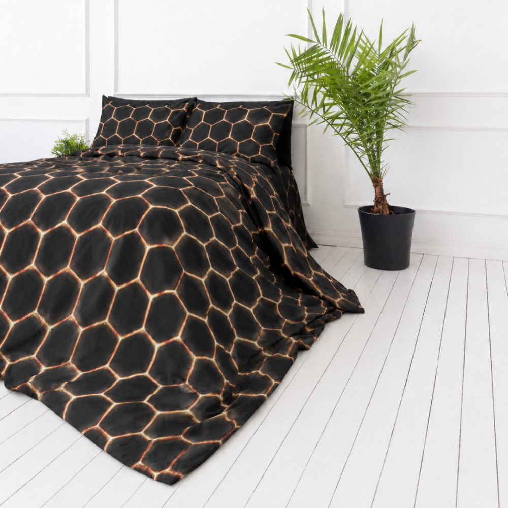 Voodipesu komplekt "Lavahive". Must voodipesu, 140x200 cm, 150x200 cm, 160x200 cm, 180x200 cm, 200x200 cm, 200x220 cm. Voodipesukomplekti disain mustal taustal, mis meenutab sädemeid. Voodipesu komplekt "Lavahive". Must voodipesu, 140x200 cm, 150x200 cm, 160x200 cm, 180x200 cm, 200x200 cm, 200x220 cm. Voodipesukomplekti disain mustal taustal, mis meenutab sädemeid.