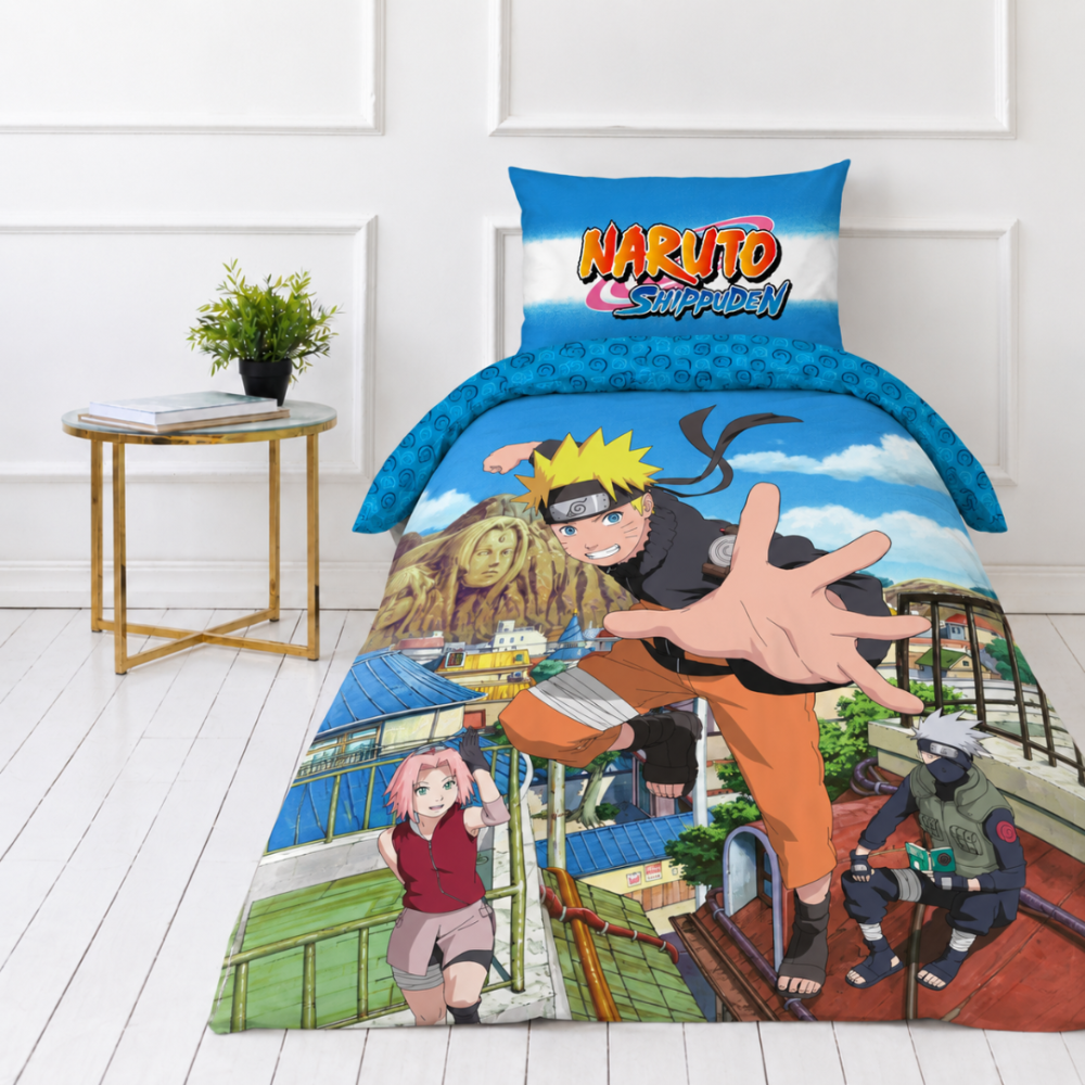 Laste voodipesu komplekt "Naruto". Puuvillane voodipesu, 135x200 cm. Naruto voodipesu oranžide, roheliste ja siniste aktsentide ning valgete pilvedega.
