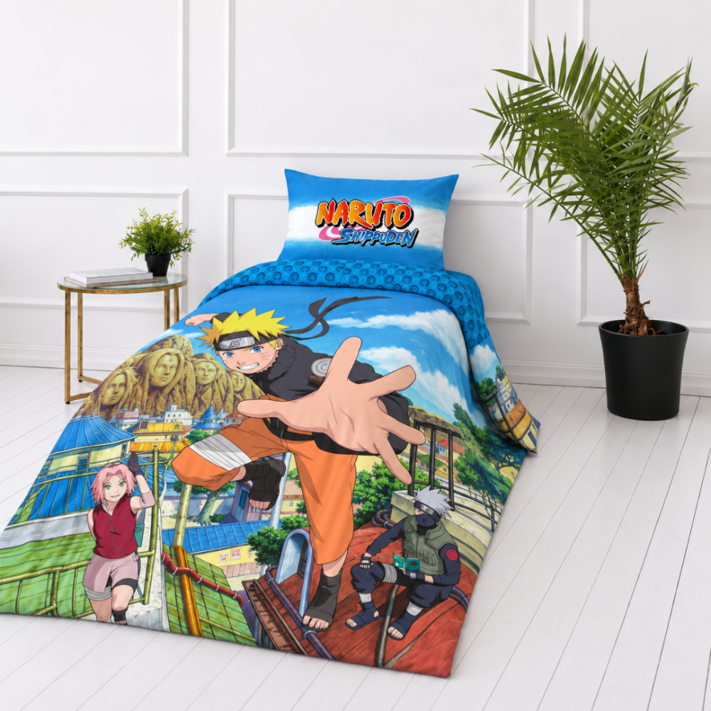Laste voodipesu komplekt "Naruto". Puuvillane voodipesu, 135x200 cm. Sinine padjapüür valge triibu ja värvilise naruto shippudeni kirjaga.