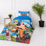 Laste voodipesu komplekt "Naruto". Puuvillane voodipesu, 135x200 cm. Sinine padjapüür valge triibu ja värvilise naruto shippudeni kirjaga.