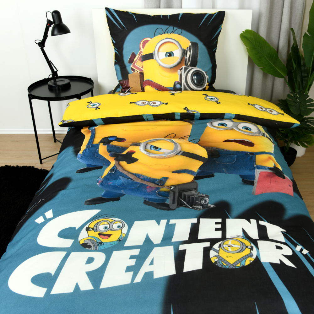 Voodipesu komplekt "Minions". Puuvillane voodipesu, 135x200 cm. Must-sinine minionsi disain kollaste minionide tegelaskujudega