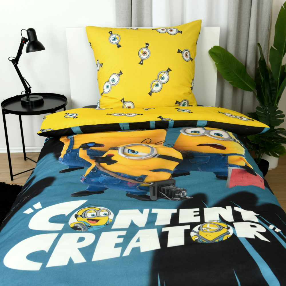 Voodipesu komplekt "Minions". Puuvillane voodipesu, 135x200 cm. Kollane voodipesumuster korduvate minionide silmade motiividega