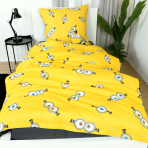 Voodipesu komplekt "Minions". Puuvillane voodipesu, 135x200 cm. Kahepoolne minionsi disain – kollane väike muster ja must-sinine tegelaskujudega motiiv