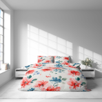 Voodipesu komplekt "Miraflores". Voodipesu komplektid 140x200, 140x200 cm, 160x200 cm, 200x200 cm, 200x220 cm, 220x240 cm. Akvarellstiilis kangamuster, millel on vabalt paigutatud erksad õied ja lehed.