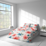 Voodipesu komplekt "Miraflores". Voodipesu komplektid 140x200, 140x200 cm, 160x200 cm, 200x200 cm, 200x220 cm, 220x240 cm. Romantiline kangadisain suurte koralli- ja sinivärvi õitega heledal taustal.