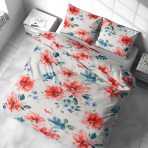 Voodipesu komplekt "Miraflores". Voodipesu komplektid 140x200, 140x200 cm, 200x200 cm, 200x220 cm. Hele voodipesu rikkaliku akvarelilillemustri – korallpunaste õite ja õrnade siniste ning roheliste detailidega valgel taustal.