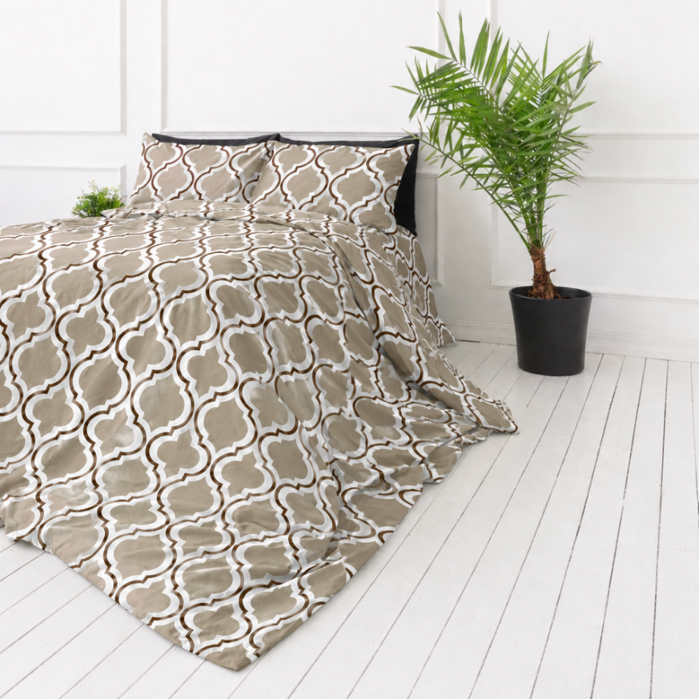 Voodipesukomplektid "Moroccan Beige". Beež voodipesu, 140x200 cm, 150x200 cm, 160x200 cm, 180x200 cm, 200x200 cm, 200x220 cm, 220x240 cm. Maroko stiilis voodipesukomplekt liivakarva ja pruuni mustriga