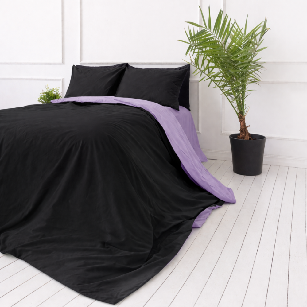 Voodipesu komplekt "Ozai Orchid". Lilla voodipesu, 140x200 cm, 150x200 cm, 160x200 cm, 180x200 cm, 200x200 cm, 200x220 cm, 220x240 cm. Kahepoolne voodipesukomplekt musta ja pehme lavendli värviga.