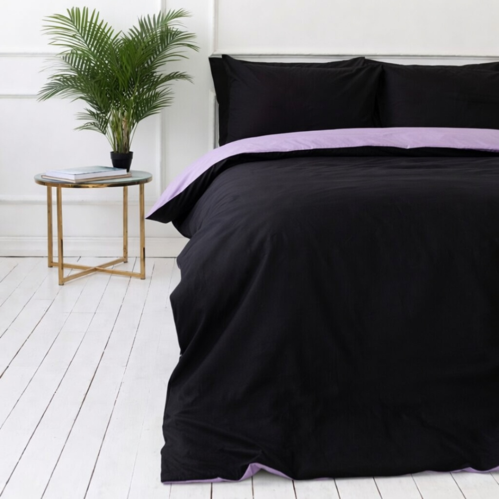 Voodipesu komplekt "Ozai Orchid". Lilla voodipesu, 140x200 cm, 150x200 cm, 160x200 cm, 180x200 cm, 200x200 cm, 200x220 cm, 220x240 cm. Moodne kahepoolne voodipesukomplekt musta lavendli aktsendiga.