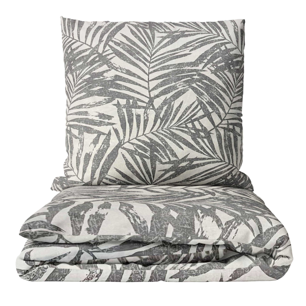 Voodipesu komplekt "Palm Drift". Voodipesu komplektid 140x200, 140x200 cm, 160x200 cm, 200x200 cm, 200x220 cm, 220x240 cm. Pehme heledates värvides voodipesukomplekt, mida kaunistavad elavad palmilehed, ideaalne värske ja troopilise meeleolu loomiseks teie magamistuppa.