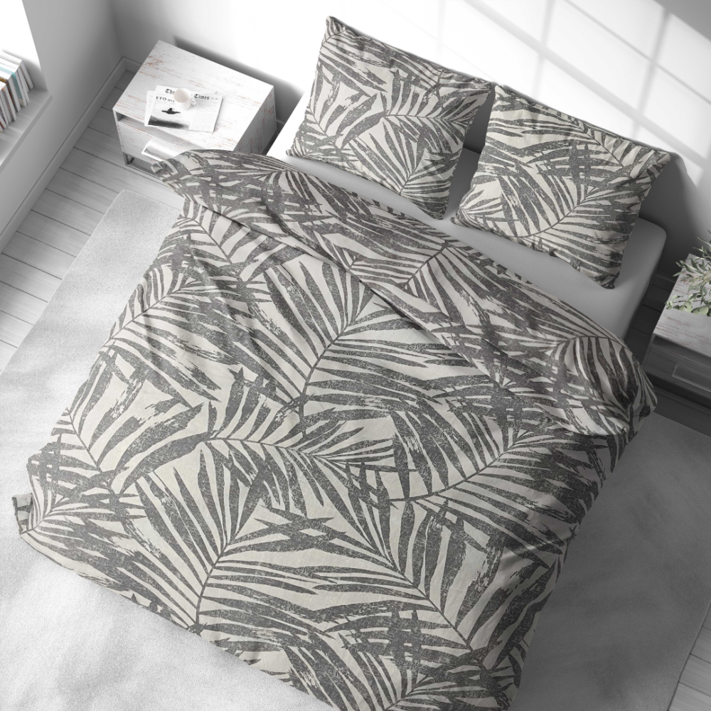 Voodipesu komplekt "Palm Drift". Voodipesu komplektid 140x200, 140x200 cm, 160x200 cm, 200x200 cm, 200x220 cm, 220x240 cm. Heledates värvides voodipesukomplekt, millel on mängulised palmilehtede kujundused, lisades teie magamiskohta tuuleõhulise, puhkuselaadse tunde.