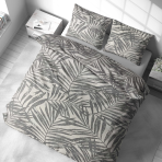 Voodipesu komplekt "Palm Drift". Voodipesu komplektid 140x200, 140x200 cm, 160x200 cm, 200x200 cm, 200x220 cm, 220x240 cm. Heledates värvides voodipesukomplekt, millel on mängulised palmilehtede kujundused, lisades teie magamiskohta tuuleõhulise, puhkuselaadse tunde.