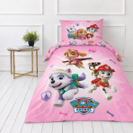 Laste voodipesu komplekt "Paw Patrol Pink". Puuvillane voodipesu, 135x200 cm. Roosa voodipesu skye, everesti ja marshalli ning sinise „paw patrol“ kirjaga.