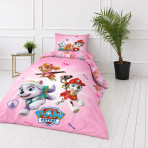 Laste voodipesu komplekt "Paw Patrol Pink". Puuvillane voodipesu, 135x200 cm. Roosa padjapüür kolme kutsika ja käpajäljemotiividega.