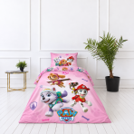 Laste voodipesu komplekt "Paw Patrol Pink". Puuvillane voodipesu, 135x200 cm. Voodipesu roosa pool korduvate kutsika-, kondi- ja märgisemotiividega.