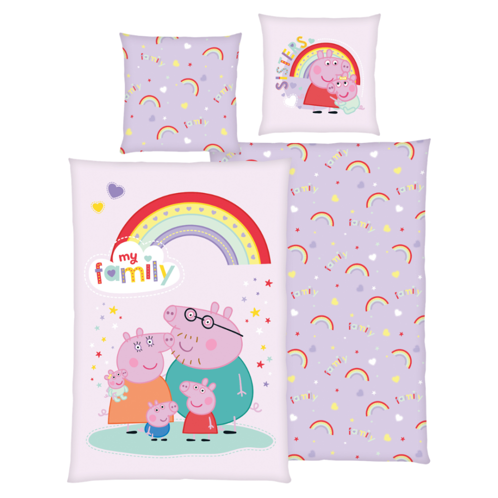 Voodipesu komplekt "Peppa Pig". Laste voodipesu, 135x200 cm. Helelilla voodipesukomplekt peppa pig pere ja vikerkaarega. Voodipesu komplekt "Peppa Pig". Laste voodipesu, 135x200 cm. Helelilla voodipesukomplekt peppa pig pere ja vikerkaarega.