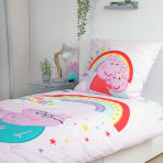 Voodipesu komplekt "Peppa Pig". Laste voodipesu, 135x200 cm. Lilla voodipesukomplekt vikerkaarte, südamete ja värvilise „family“ mustriga. Voodipesu komplekt "Peppa Pig". Laste voodipesu, 135x200 cm. Lilla voodipesukomplekt vikerkaarte, südamete ja värvilise „family“ mustriga.