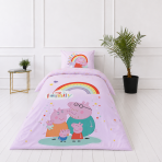 Voodipesu komplekt "Peppa Pig". Puuvillane voodipesu, 135x200 cm. Pastelne disain peppa pig tegelaste, värviliste südamete ja tähtedega.