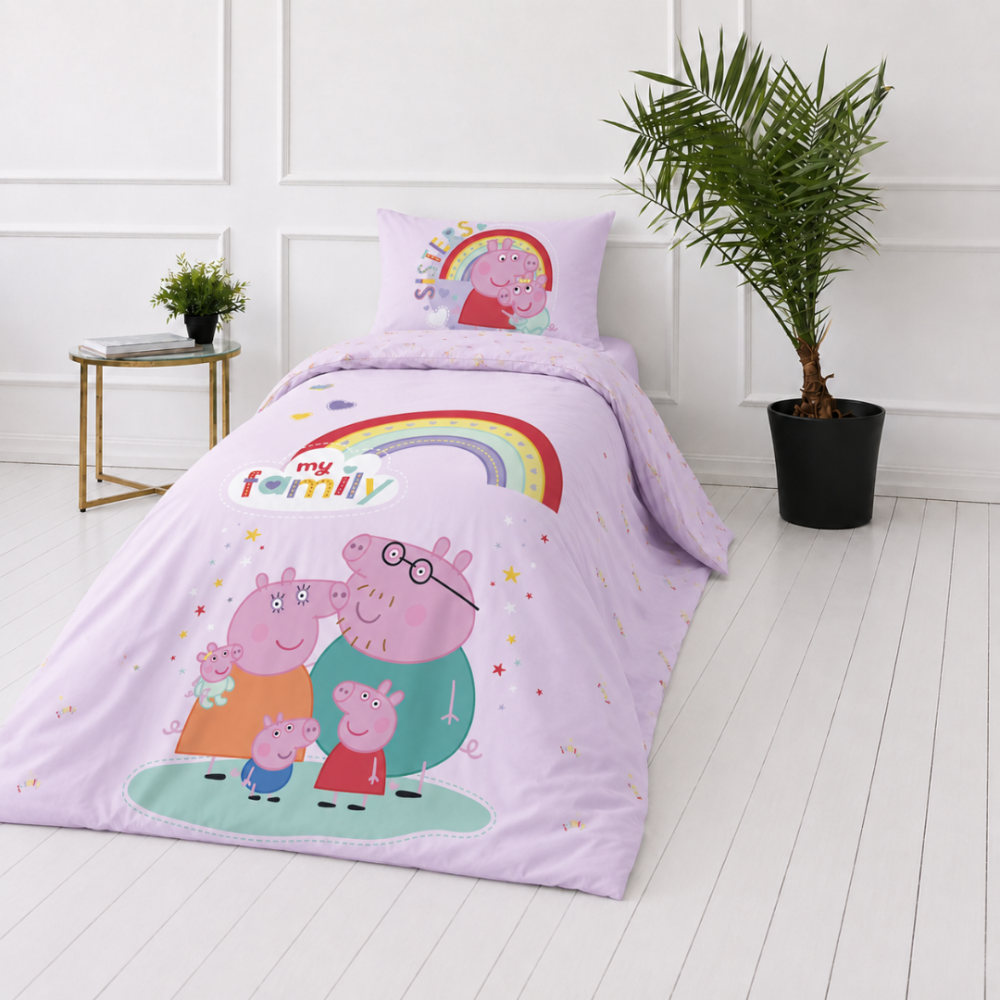 Voodipesu komplekt "Peppa Pig". Puuvillane voodipesu, 135x200 cm. Lilla voodipesukomplekt vikerkaarte, südamete ja värvilise „family“ mustriga.