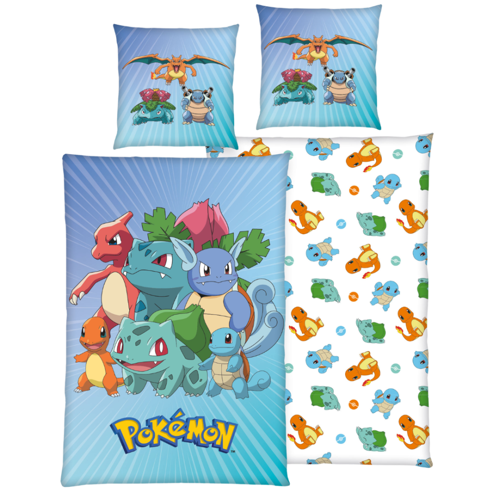 Voodipesu komplekt "Pokemon". Laste voodipesu, 135x200 cm. Helesinine pokémoni voodipesukomplekt värviliste bulbasauri, charmanderi ja squirtle'i tegelastega. Voodipesu komplekt "Pokemon". Laste voodipesu, 135x200 cm. Helesinine pokémoni voodipesukomplekt värviliste bulbasauri, charmanderi ja squirtle'i tegelastega.