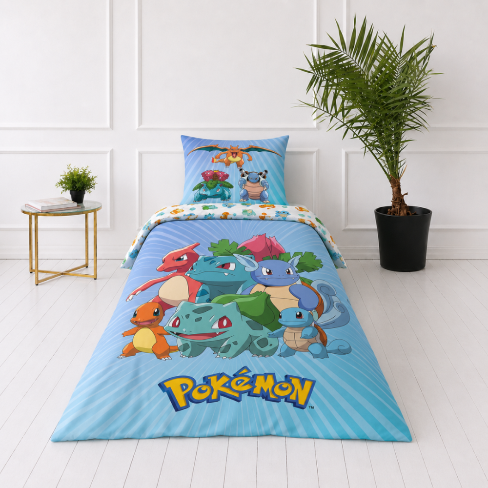 Voodipesu komplekt "Pokemon". Puuvillane voodipesu, 135x200 cm. Sinistes toonides voodipesukomplekt suurte värviliste pokémoni tegelaste kujutistega.