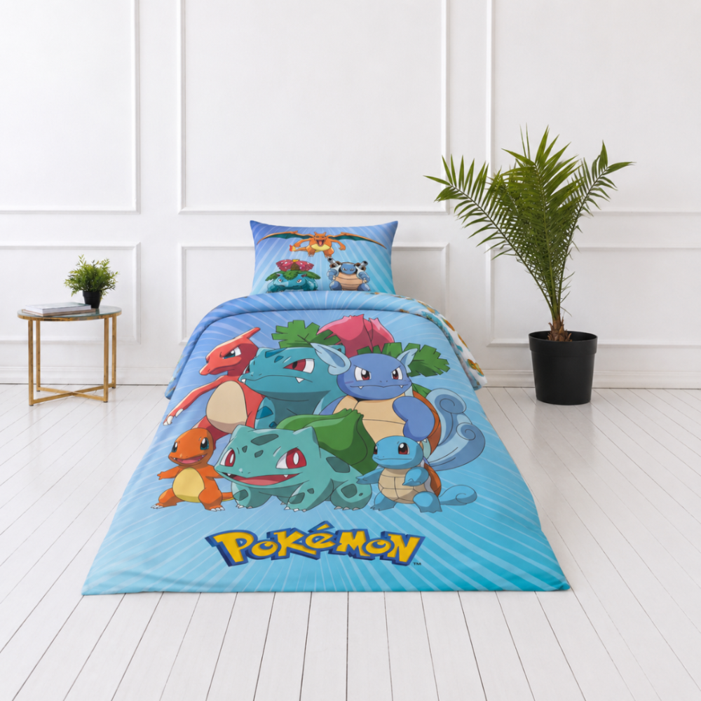 Voodipesu komplekt "Pokemon". Puuvillane voodipesu, 135x200 cm. Kahepoolne helesinine voodipesukomplekt pokémoni tegelaste ja väikese mustriga valgel taustal.