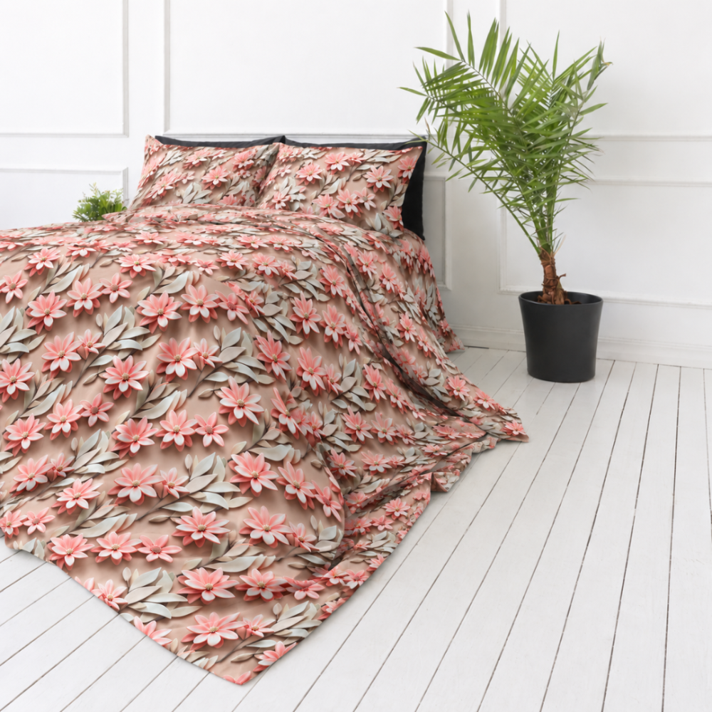 Voodipesu komplekt "Rosy Whisper". Mustriline voodipesu, 140x200 cm, 150x200 cm, 160x200 cm, 180x200 cm, 200x200 cm, 200x220 cm, 220x240 cm. Lilleline voodipesukomplekt korallitooni õite ja kreemikate lehtedega. Voodipesu komplekt "Rosy Whisper". Mustriline voodipesu, 140x200 cm, 150x200 cm, 160x200 cm, 180x200 cm, 200x200 cm, 200x220 cm, 220x240 cm. Lilleline voodipesukomplekt korallitooni õite ja kreemikate lehtedega.