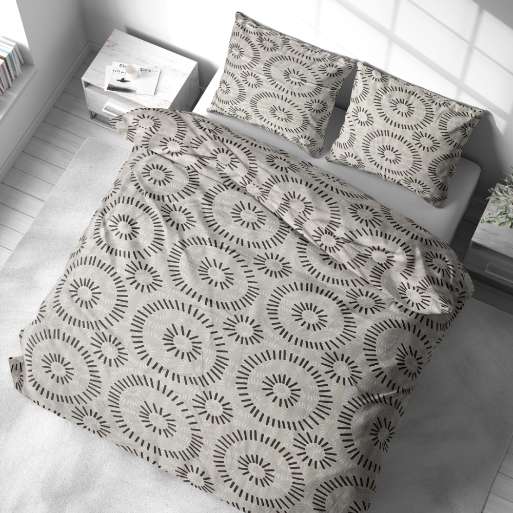 Voodipesu komplekt "Round Robin". Voodipesu komplektid 140x200, 140x200 cm, 200x200 cm, 200x220 cm. Voodikomplekt elegantsi must-valge ringikujuliste kompositsiooniga, ideaalne kaasaegses interjööris.