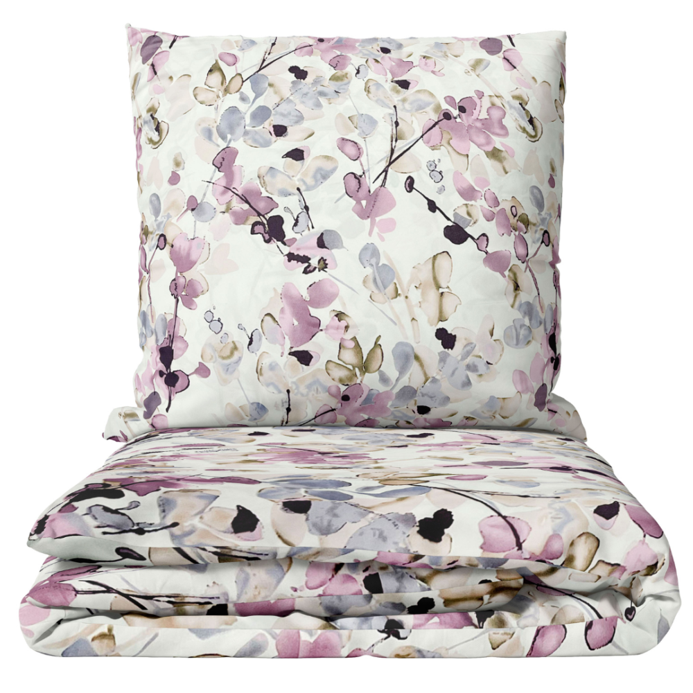 Voodipesu komplekt "Serene Leaves". Voodipesu komplektid 140x200, 140x200 cm, 200x200 cm, 200x220 cm. Voodipesukomplekt lilla, roosa ja beeži lehemustriga valgel taustal.