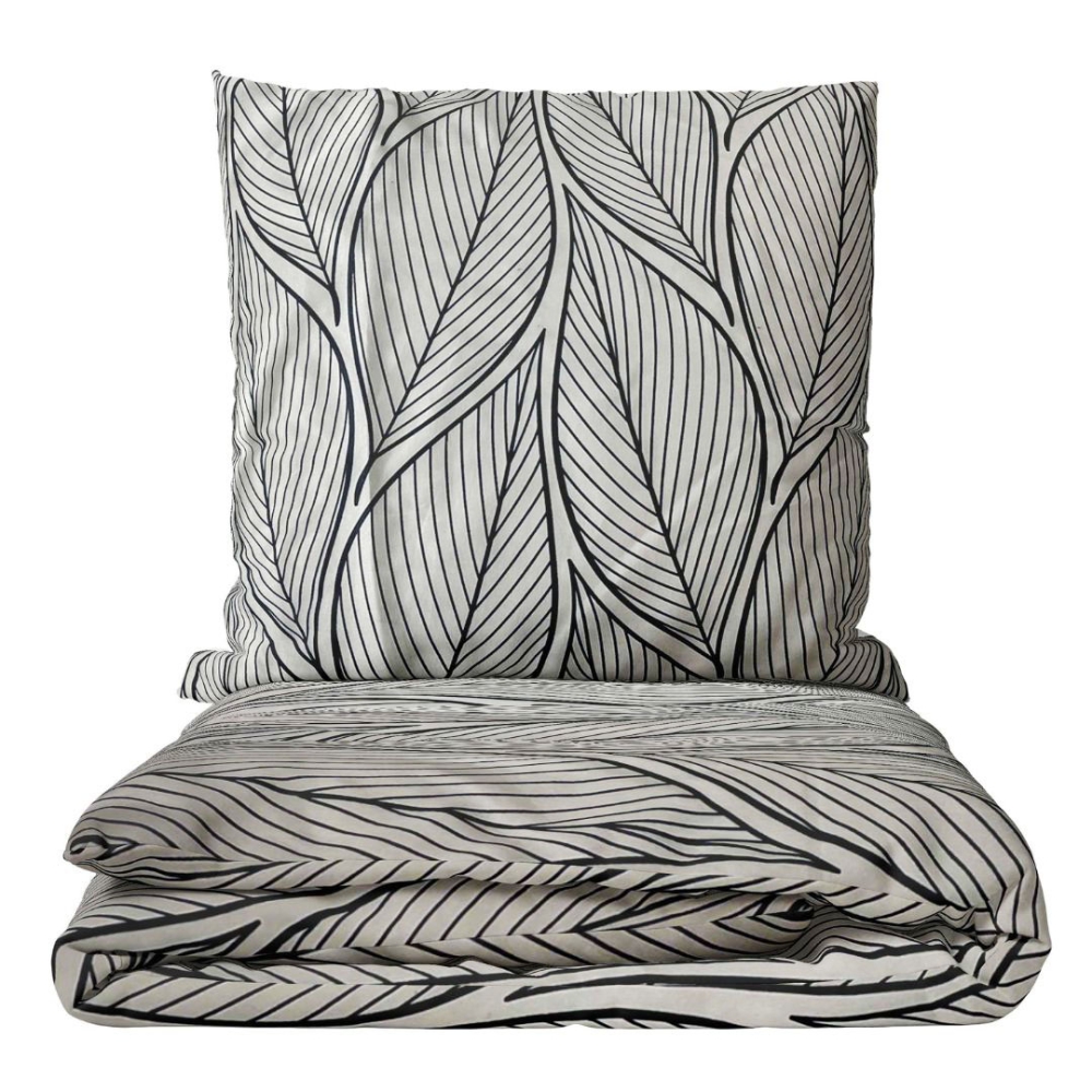 Voodipesu komplekt "Shadowleaf". Voodipesu komplektid 140x200, 140x200 cm, 200x200 cm, 200x220 cm, 220x240 cm. Hall voodipesu komplekt julge mustade ülisuurte lehtedega, mis lisab teie magamistoa sisustusele dramaatilise ja moodsa puudutuse.