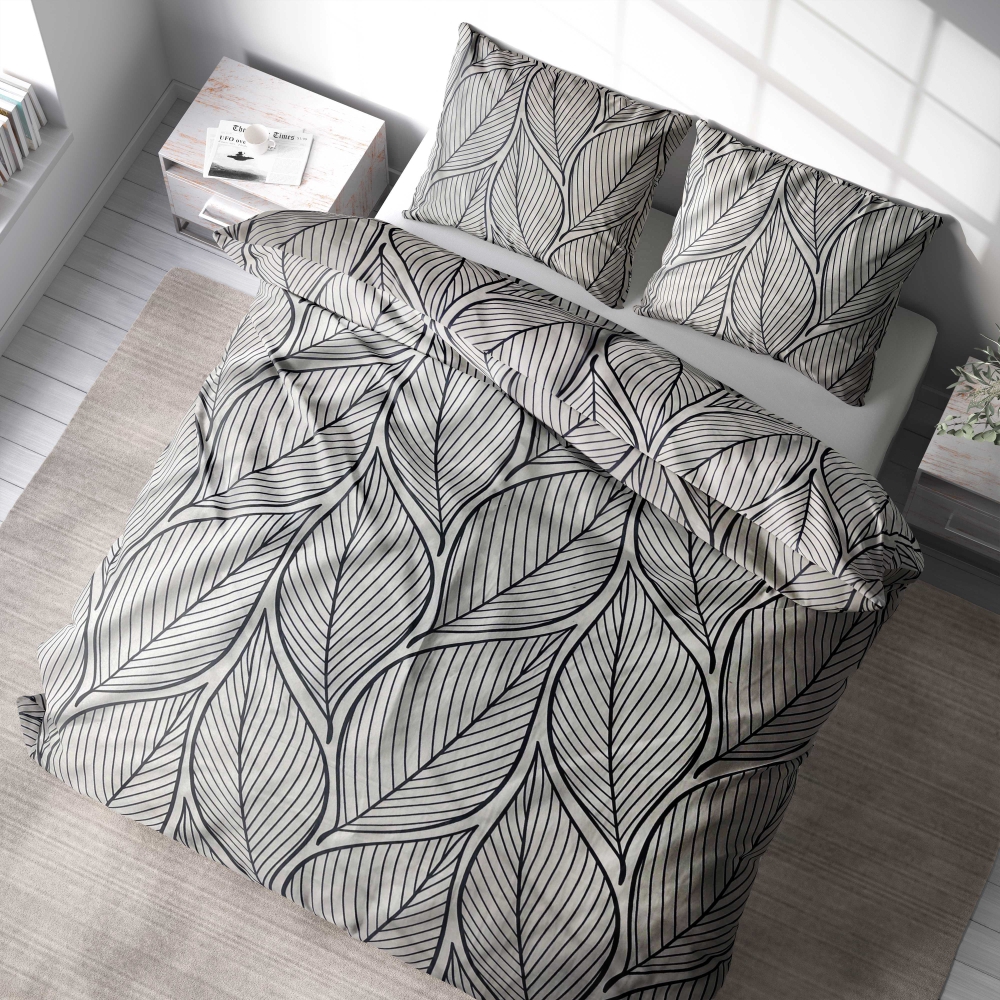 Voodipesu komplekt "Shadowleaf". Voodipesu komplektid 140x200, 140x200 cm, 200x200 cm, 200x220 cm, 220x240 cm. Moodne hall voodipesukomplekt silmapaistvate mustade lehtedega, mis pakub ainulaadset ja trendikat aktsenti teie magamistoa sisustusele.