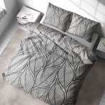 Voodipesu komplekt "Shadowleaf". Voodipesu komplektid 140x200, 140x200 cm, 200x200 cm, 200x220 cm, 220x240 cm. Moodne hall voodipesukomplekt silmapaistvate mustade lehtedega, mis pakub ainulaadset ja trendikat aktsenti teie magamistoa sisustusele.