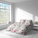Voodipesu komplekt "Sparkling Flowers". Voodipesu komplektid 140x200, 140x200 cm, 200x200 cm, 200x220 cm. Tekikate ja padjapüüred kaunistatud akvarellistiilis roosade õitega ja roheliste lehtedega.