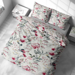 Voodipesu komplekt "Sparkling Flowers". Voodipesu komplektid 140x200, 140x200 cm, 200x200 cm, 200x220 cm. Disainerakvarellmuster roosade lillede ja roheliste lehtedega valgel taustal.
