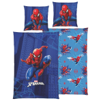 Voodipesu komplekt "Spiderman". Laste voodipesu, 135x200 cm. Sinine spider-mani voodipesudisain punasinise ämblikmehega tumeda linnavaate taustal