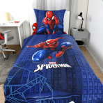 Voodipesu komplekt "Spiderman". Laste voodipesu, 135x200 cm. Helesinine voodipesumuster korduvate punaste ämblikmehe motiividega