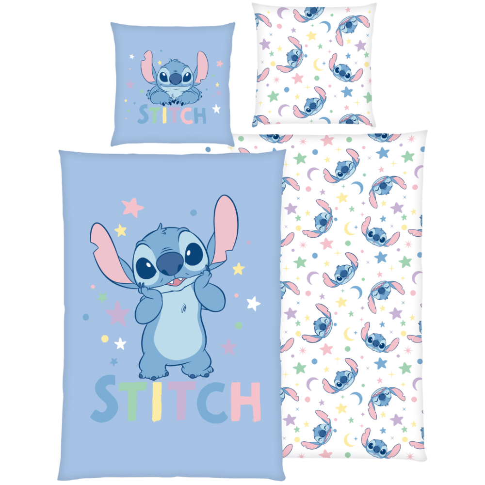 Laste voodipesu komplekt "Stitch Blue". Laste voodipesu, 135x200 cm. Helesinine voodipesukomplekt stitchi ja pastelsetes toonides tähemotiividega. Laste voodipesu komplekt "Stitch Blue". Laste voodipesu, 135x200 cm. Helesinine voodipesukomplekt stitchi ja pastelsetes toonides tähemotiividega.