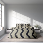 Voodipesu komplekt "String". Voodipesu komplektid 140x200, 140x200 cm, 150x200 cm, 160x200 cm, 180x200 cm, 200x200 cm, 200x220 cm. Stiilne helekollane beež voodipesu komplekt, millel on julged mustad kumerad jooned, mis lisavad teie ruumile kaasaegset elegantsi. 